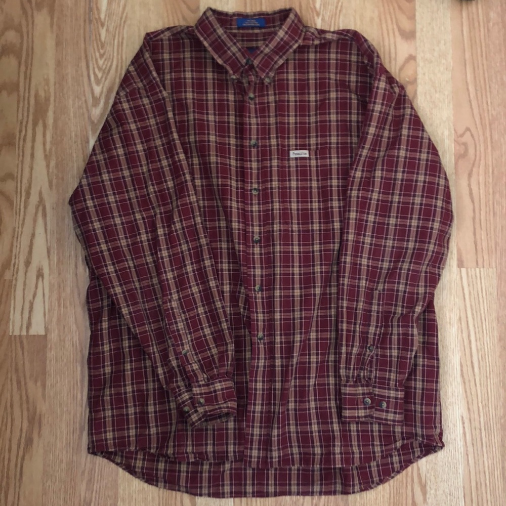 Pendleton Vintage byPlaid Woven Cotton Button Down Shirt Red Tan Men's XL